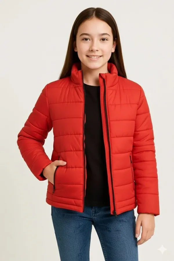 Kız Çocuk Şişme Mont Hafif ve Sıcak Tutucu Kışlık Fermuarlı Su İtici Rahat Günlük Mont Kapüşonuz Modern Tasarım - Kırmızı