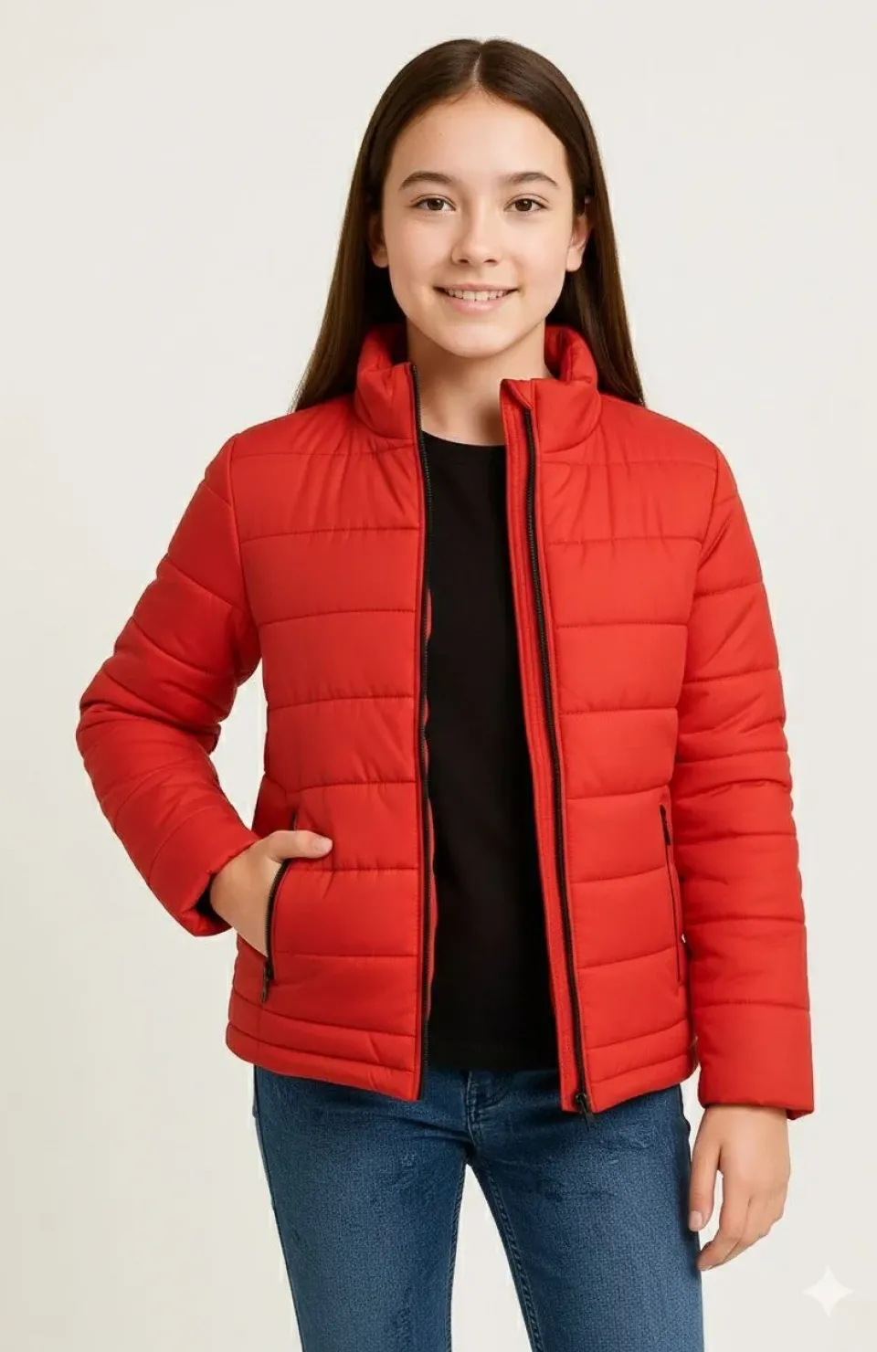 Kız Çocuk Şişme Mont Hafif ve Sıcak Tutucu Kışlık Fermuarlı Su İtici Rahat Günlük Mont Kapüşonuz Modern Tasarım - Kırmızı Somersan Giyim | Kadın, Erkek ve Çocuk Moda