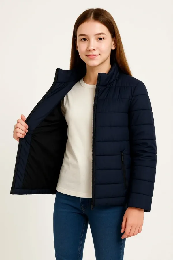 Kız Çocuk Şişme Mont Hafif ve Sıcak Tutucu Kışlık Fermuarlı Su İtici Rahat Günlük Mont Kapüşonuz Modern Tasarım - Lacivert