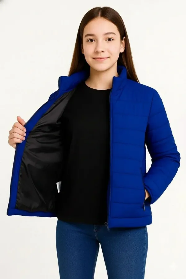 Kız Çocuk Şişme Mont Hafif ve Sıcak Tutucu Kışlık Fermuarlı Su İtici Rahat Günlük Mont Kapüşonuz Modern Tasarım - Saks Mavisi