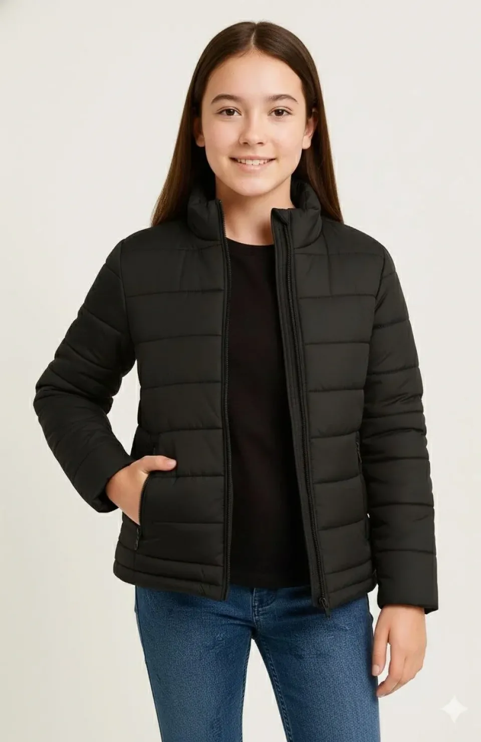 Kız Çocuk Şişme Mont Hafif ve Sıcak Tutucu Kışlık Fermuarlı Su İtici Rahat Günlük Mont Kapüşonuz Modern Tasarım - Siyah Somersan Giyim | Kadın, Erkek ve Çocuk Moda