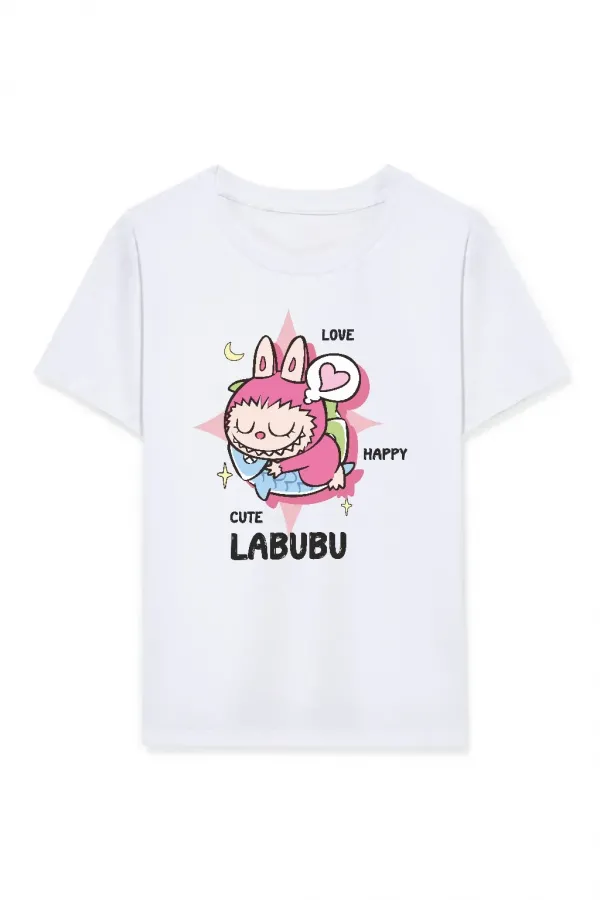 Kız Labubu Çocuk Baskılı T-Shirt - Beyaz