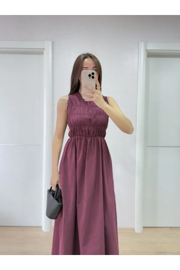 Kolsuz Göğüs Lastıklı %100 Poplin Uzun Elbise - Bordo