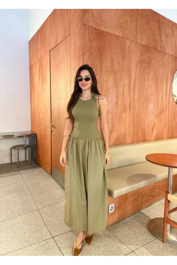 Kolsuz Uzun Elbise - Haki