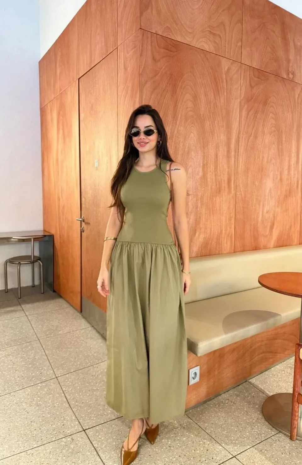 Kolsuz Uzun Elbise - Haki