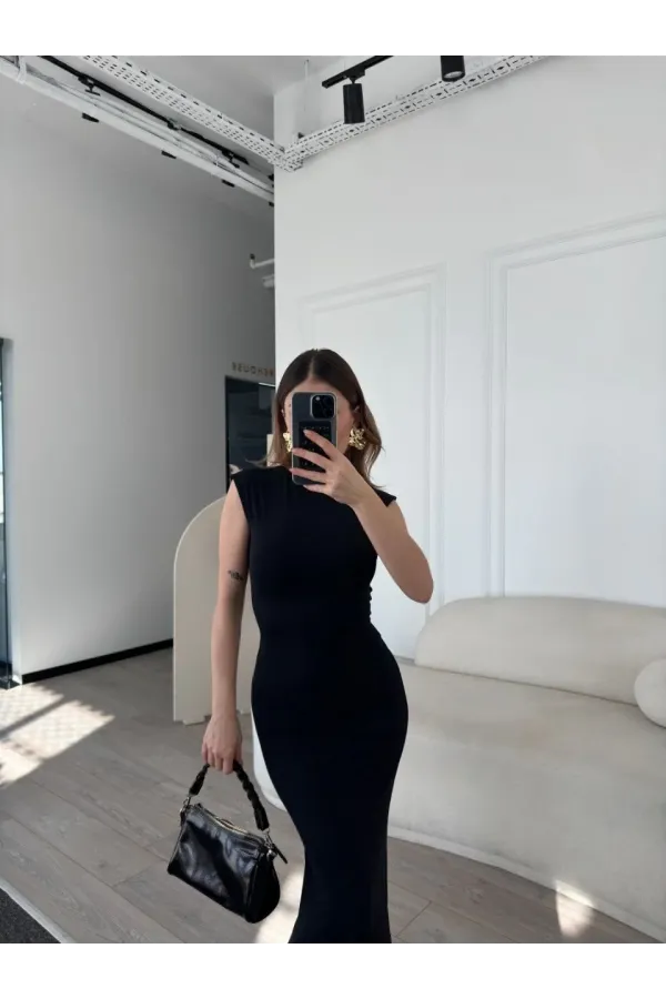 Kolsuz Uzun Likralı Elbise - Siyah