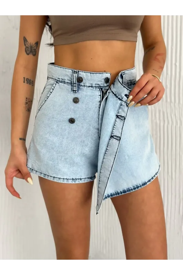 Kot Jeans Kesimetrik Kesim Cepli Şortlu Etek - Gri