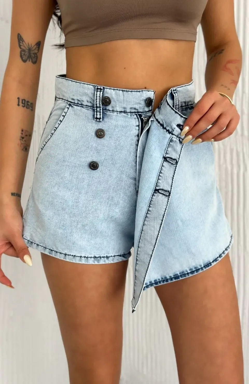 Kot Jeans Kesimetrik Kesim Cepli Şortlu Etek - Gri
