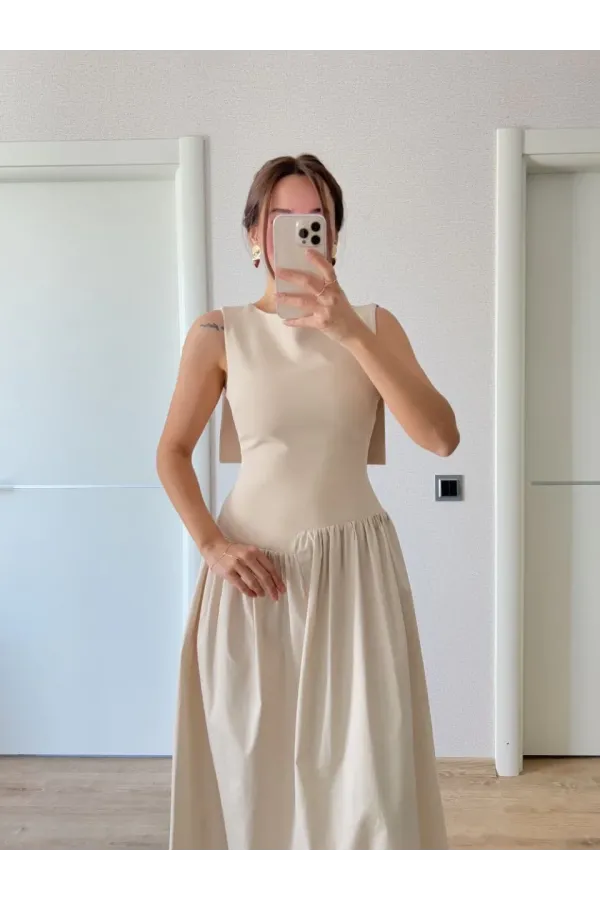 Krep Arkası Kanat Arka Ön Pens Detaylı Uzun Kadın Elbise - Bej