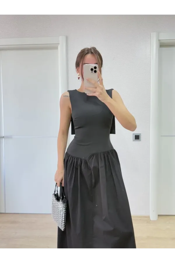 Krep Arkası Kanat Arka Ön Pens Detaylı Uzun Kadın Elbise - Siyah