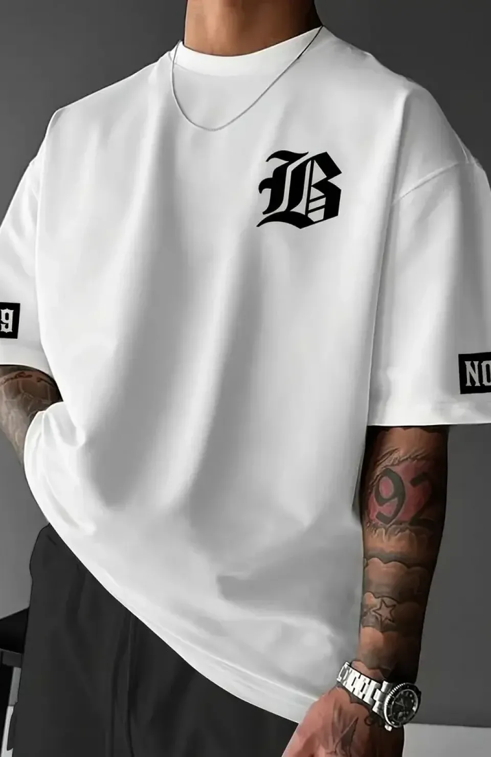 LB Baskılı Ön Arka Oversize Bisiklet Yaka Kısa Kol T-shirt - Beyaz