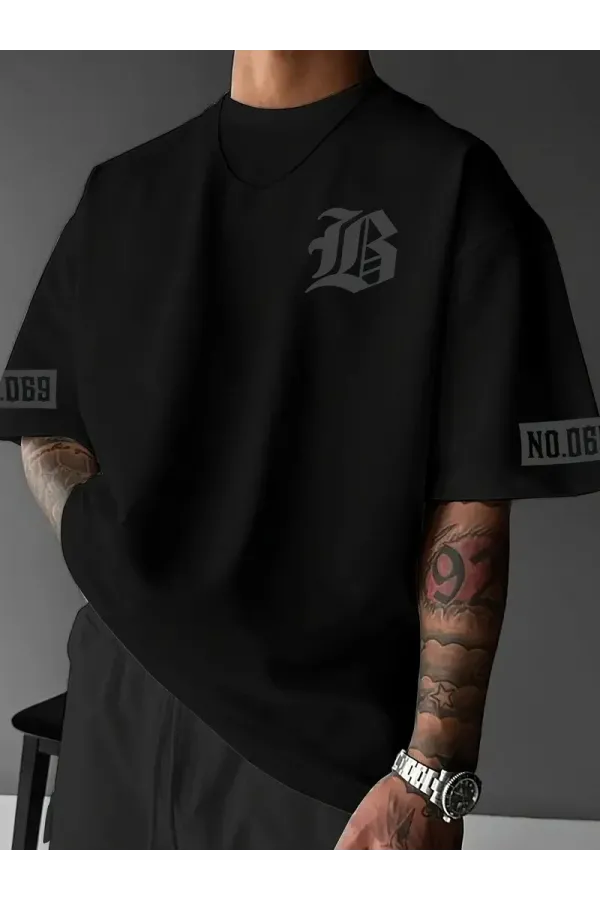 LB Ön Arka Baskılı Oversize Bisiklet Yaka Yazlık T-shirt - Siyah