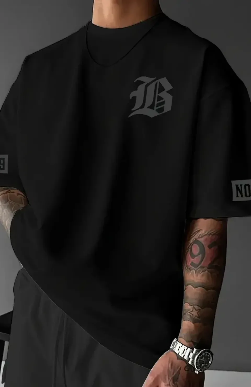 LB Ön Arka Baskılı Oversize Bisiklet Yaka Yazlık T-shirt - Siyah