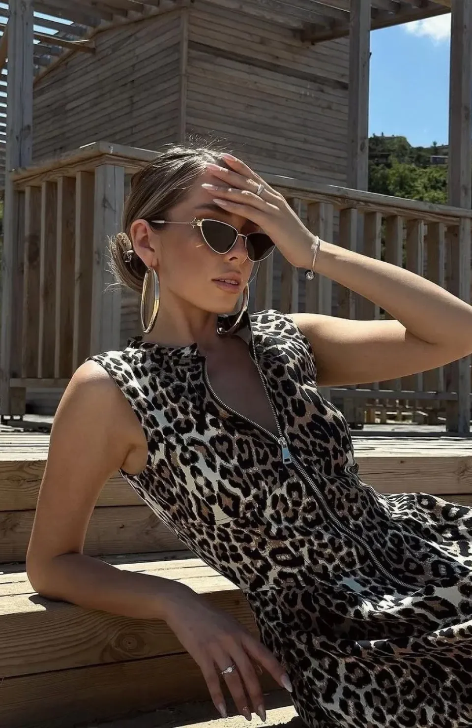 Leopar Desenli Fermuarlı Cepli Pileli Kadın Midi Elbise- Leopar