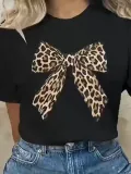 Leopar Desenli Fiyonklu Tişört - Rahat Polyester, Makinede Yıkanabilir, Bisiklet Yaka, Kadınlar için Yazlık Günlük Üst - Siyah