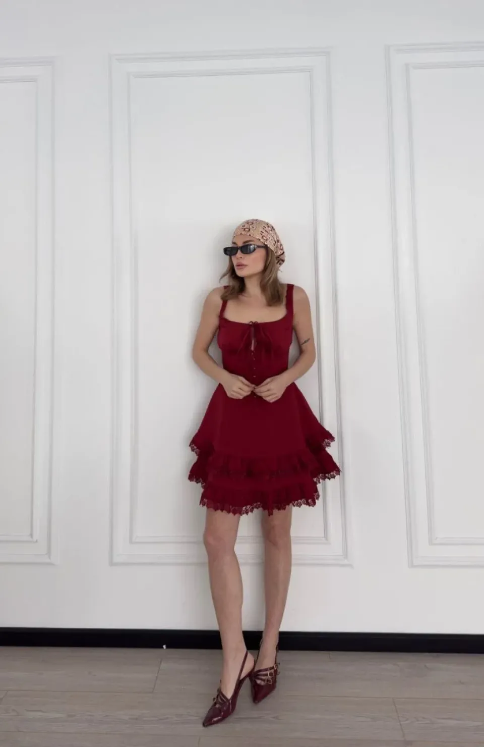 Mini Askılı Elbise - Bordo