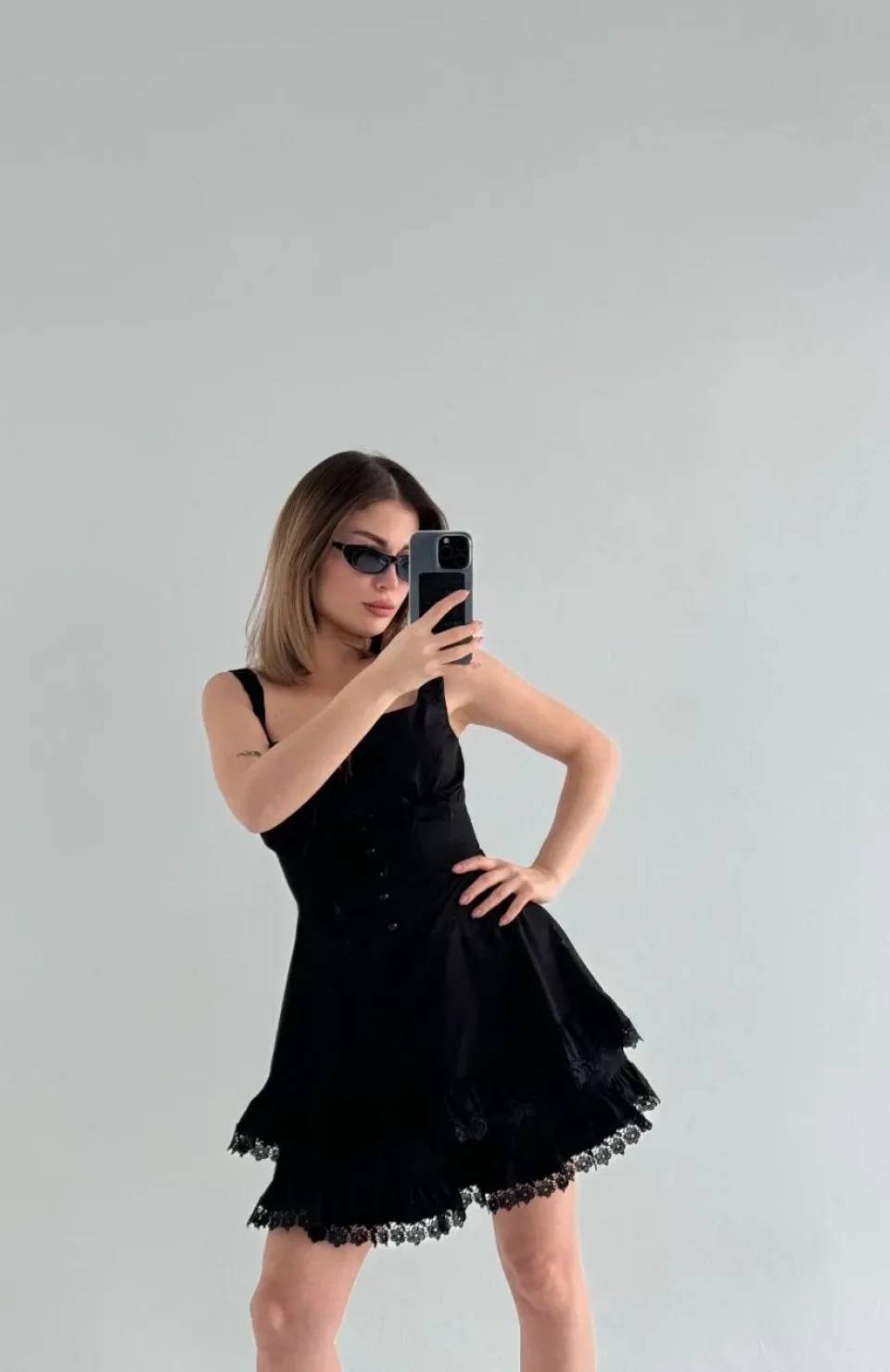 Mini Askılı Elbise - Siyah