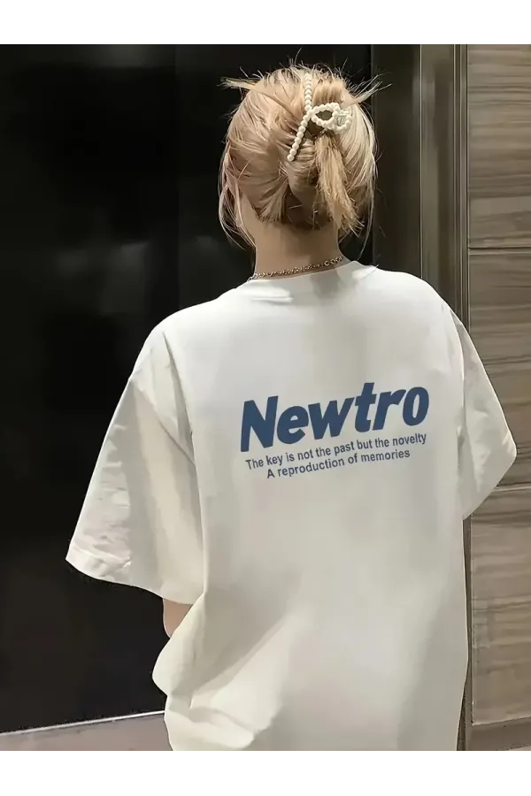 Newtro Baskılı Oversize Bisiklet Yaka T-shirt - Beyaz