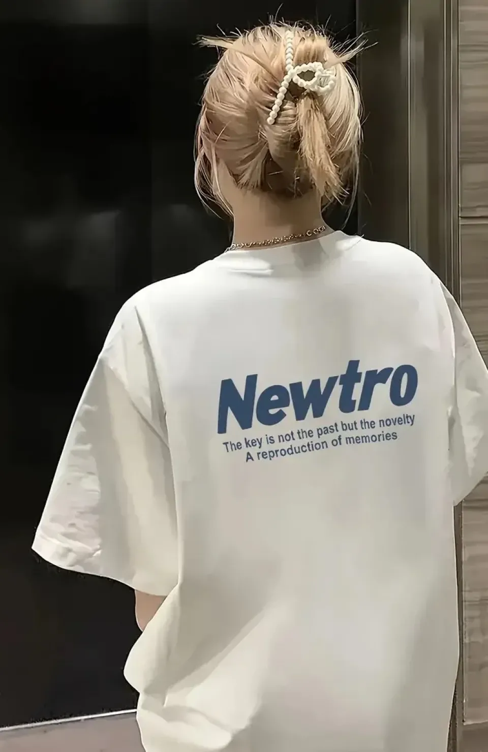 Newtro Baskılı Oversize Bisiklet Yaka T-shirt - Beyaz