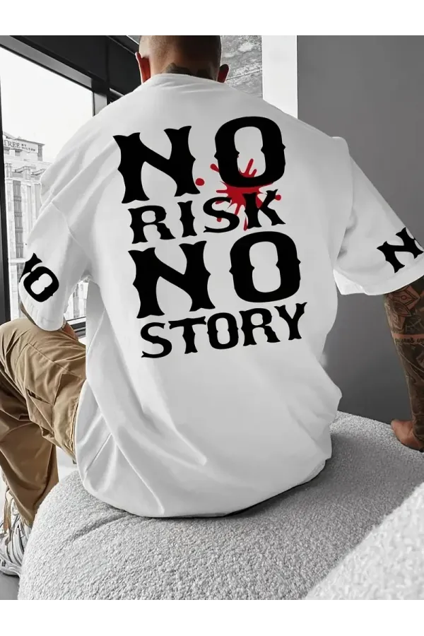 No Risk No Story Baskılı Oversize Bisiklet Yaka T-shirt - Beyaz