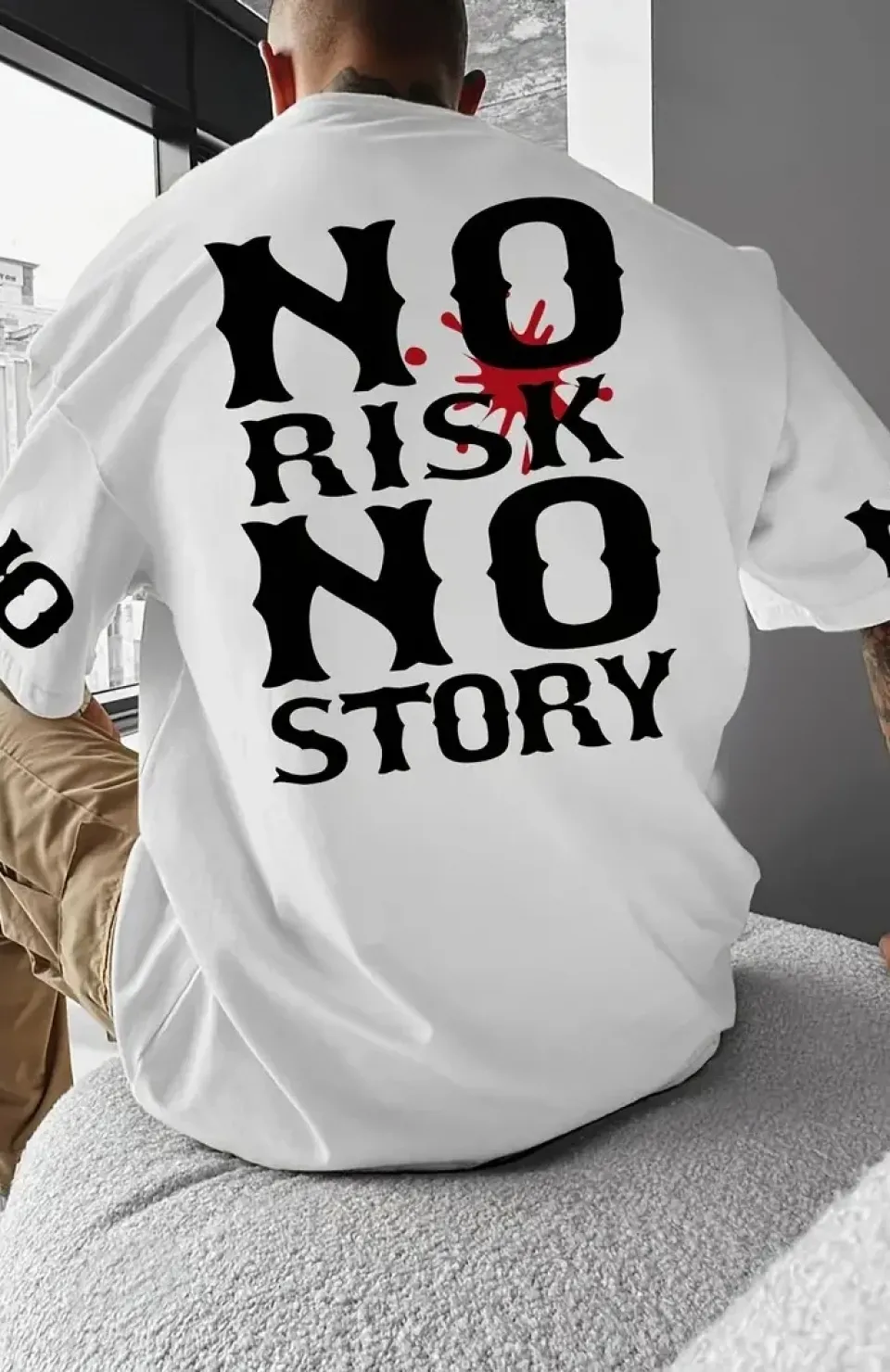 No Risk No Story Baskılı Oversize Bisiklet Yaka T-shirt - Beyaz