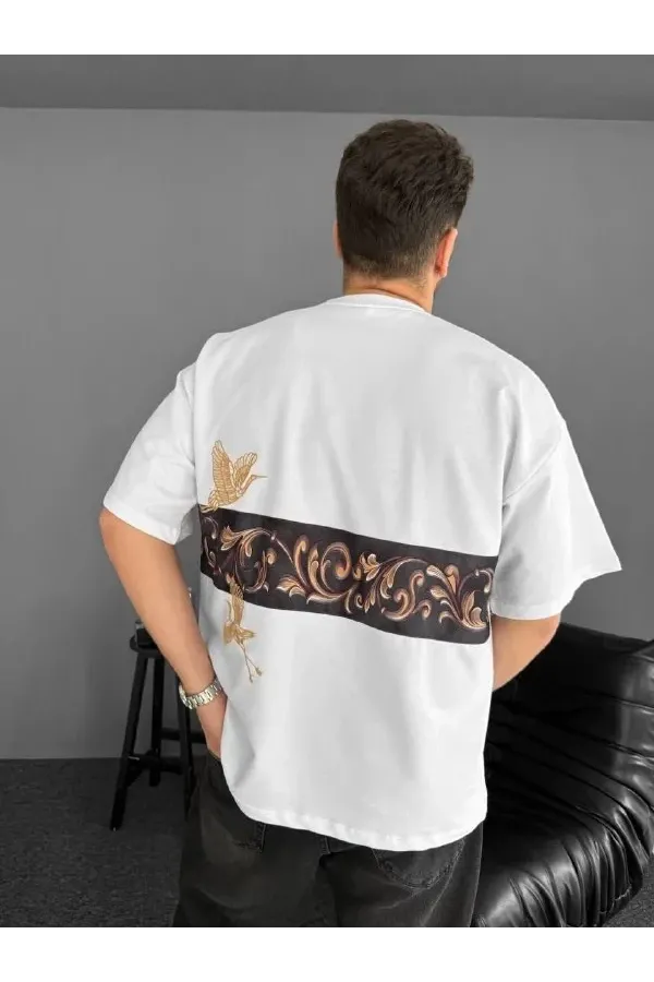 Ön ve Arka Baskılı Oversize Bisiklet Yaka T-shirt - Beyaz