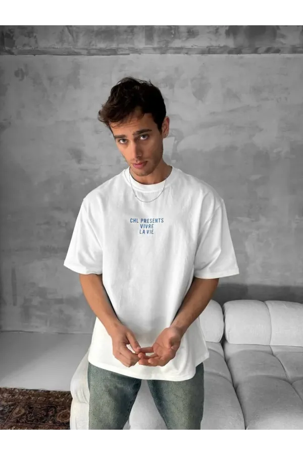 Ön ve Arka Baskılı Oversize Bisiklet Yaka T-shirt- Beyaz