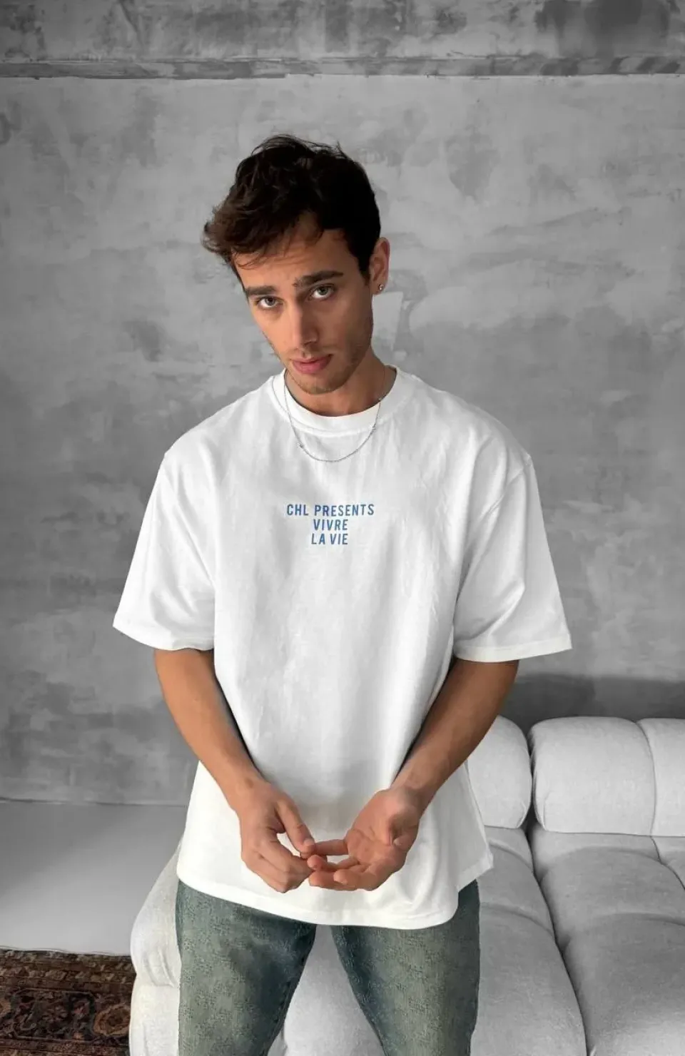 Ön ve Arka Baskılı Oversize Bisiklet Yaka T-shirt- Beyaz