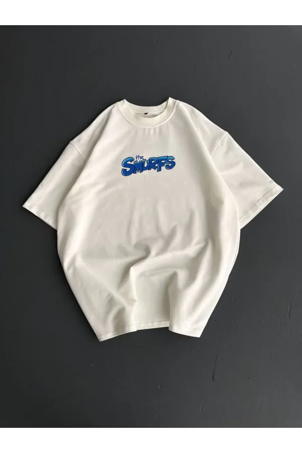 Ön ve Arka Baskılı Oversize Bisiklet Yaka T-shirt- Beyaz