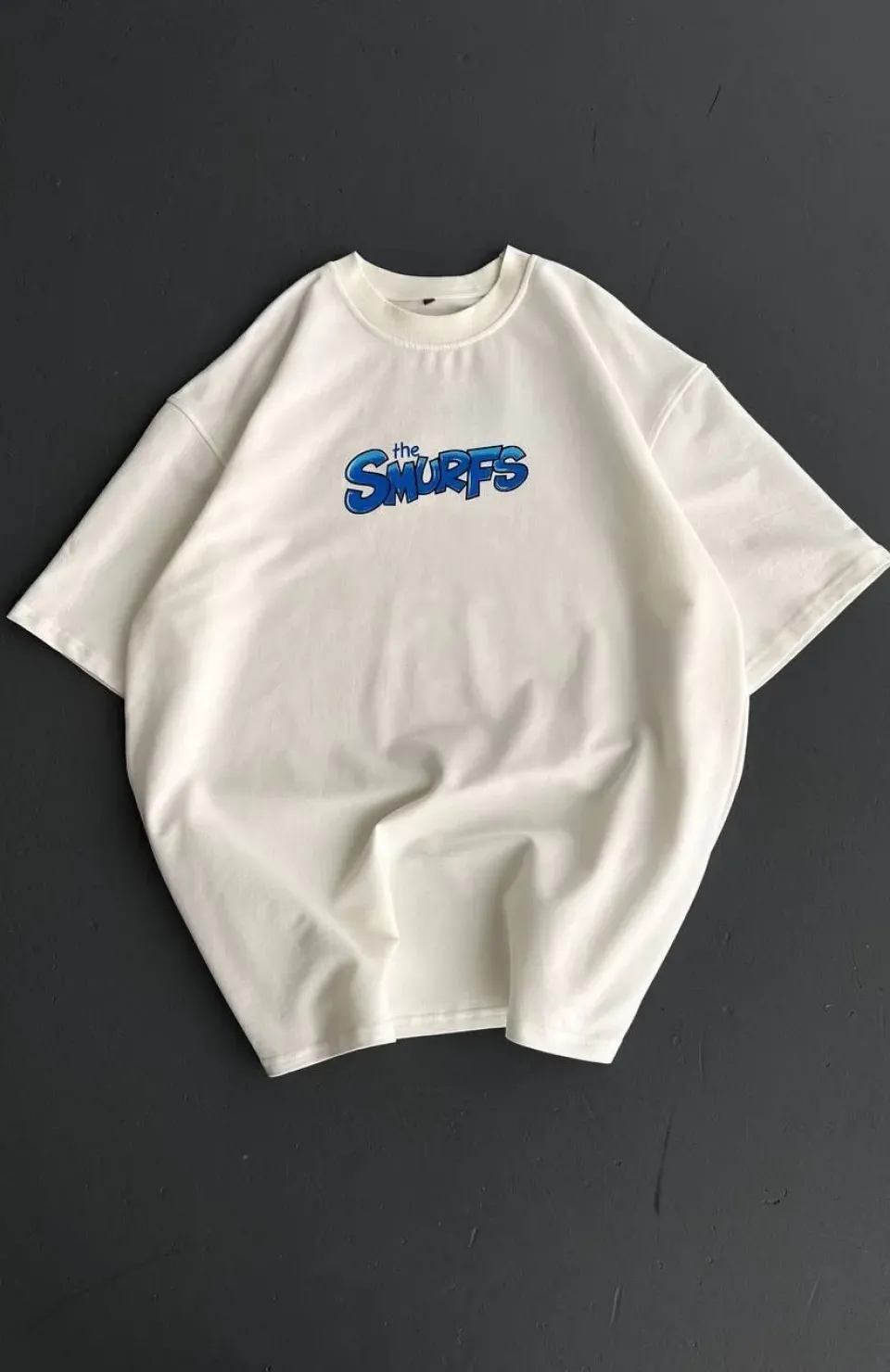 Ön ve Arka Baskılı Oversize Bisiklet Yaka T-shirt- Beyaz