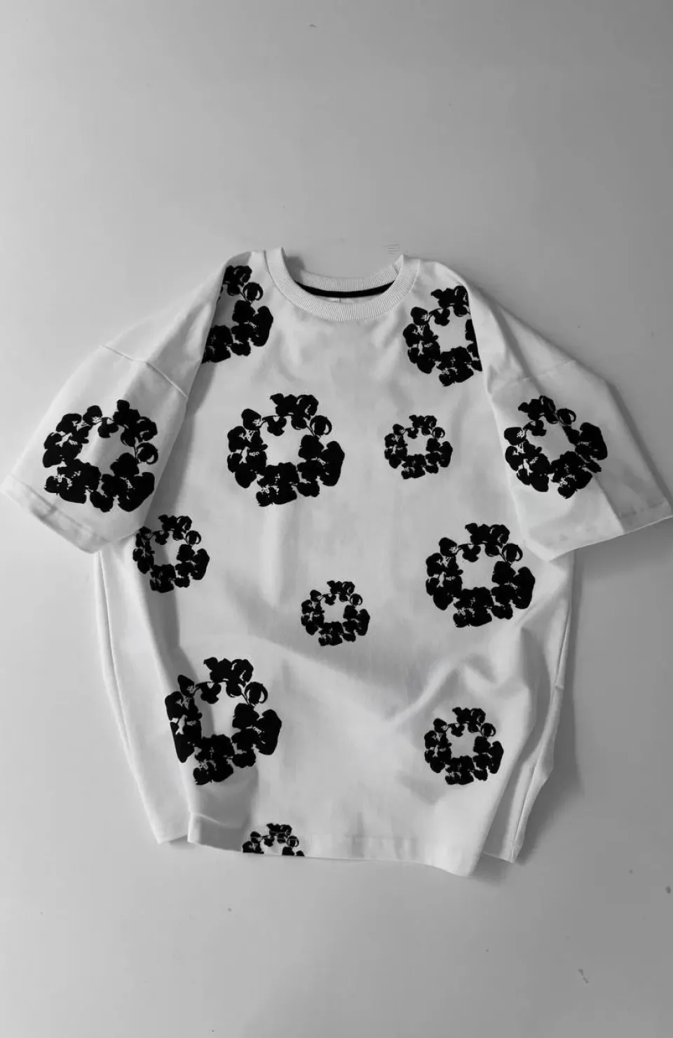 Ön ve Arka Baskılı Oversize Bisiklet Yaka T-shirt- Beyaz