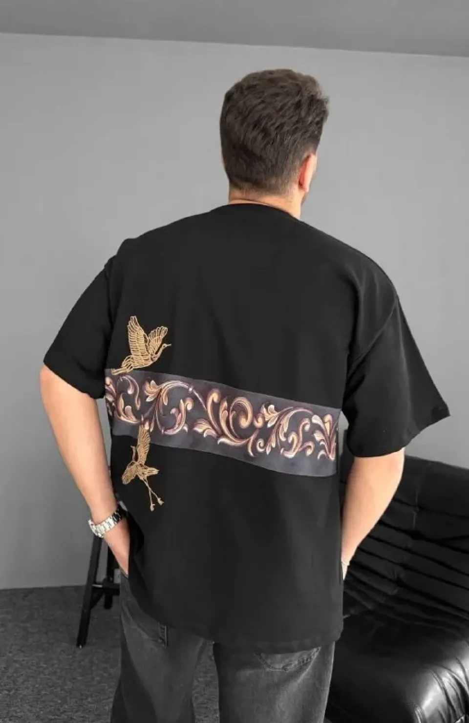 Ön ve Arka Baskılı Oversize Bisiklet Yaka T-shirt - Siyah