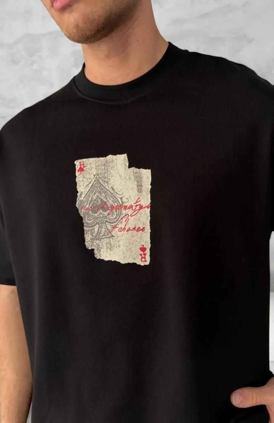 Ön ve Arka Baskılı Oversize Bisiklet Yaka T-shirt - Siyah