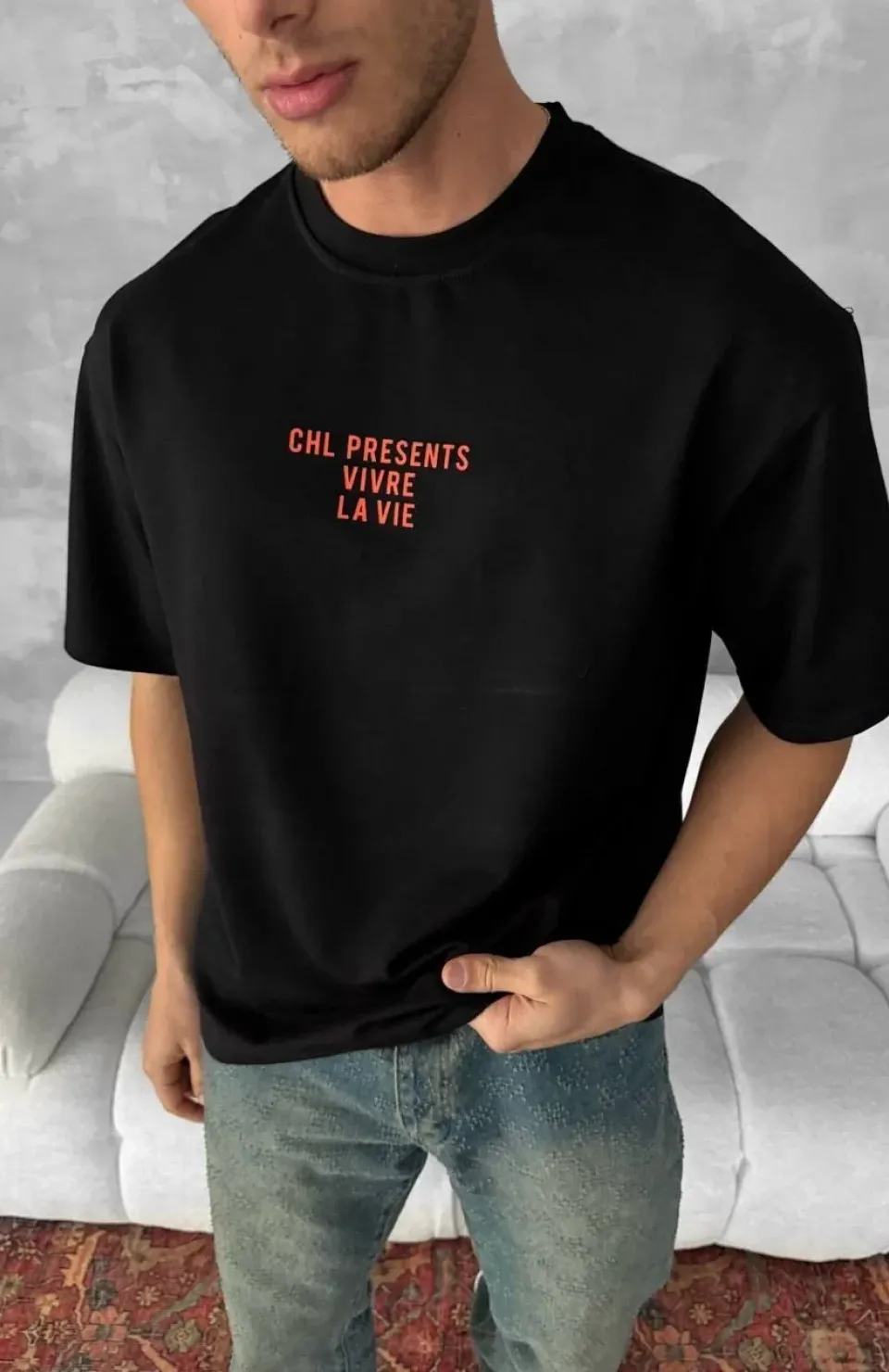 Ön ve Arka Baskılı Oversize Bisiklet Yaka T-shirt- Siyah