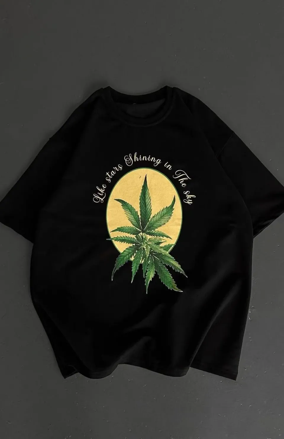 Ön ve Arka Baskılı Oversize Bisiklet Yaka T-shirt- Siyah