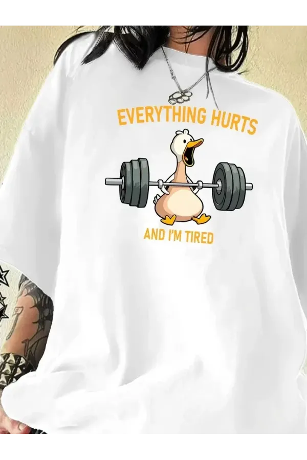 Ördek Baskılı ve Yuvarlak Yakalı Kadın Günlük Büyük Boy Siyah Tişört. - Beyaz