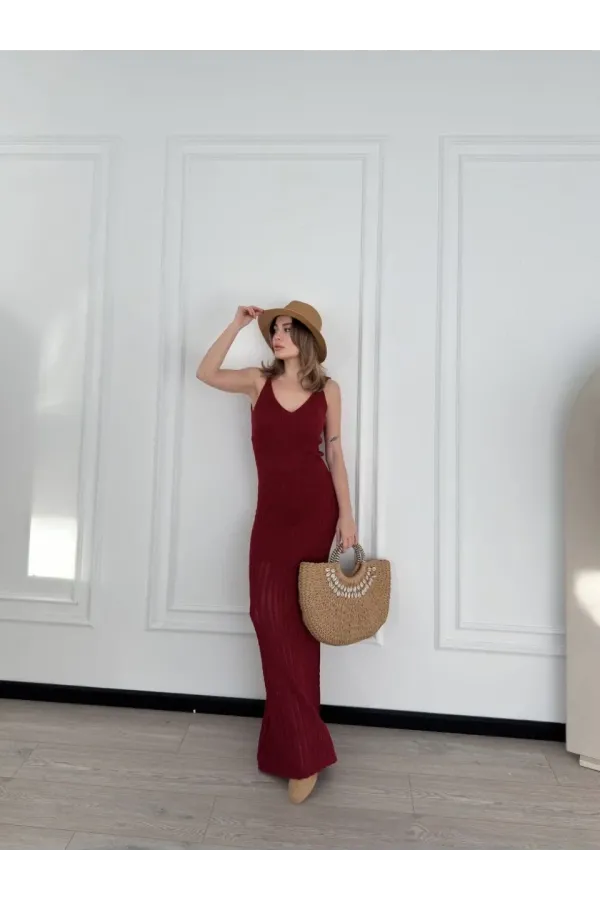 Örgülü Uzun Triko Elbise - Bordo