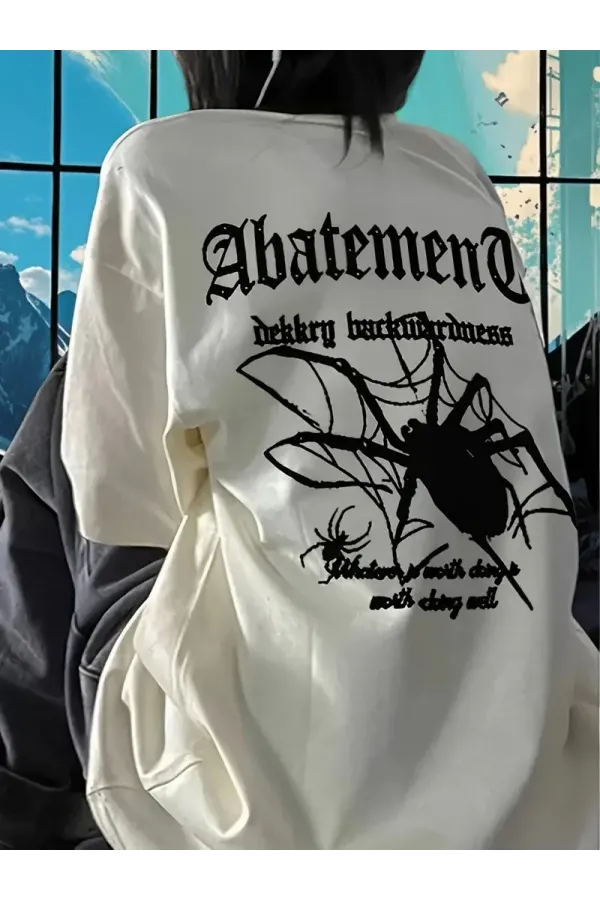 Örümcek Ağı Desenli Baskılı Oversize Bisiklet Yaka T-shirt  - Beyaz