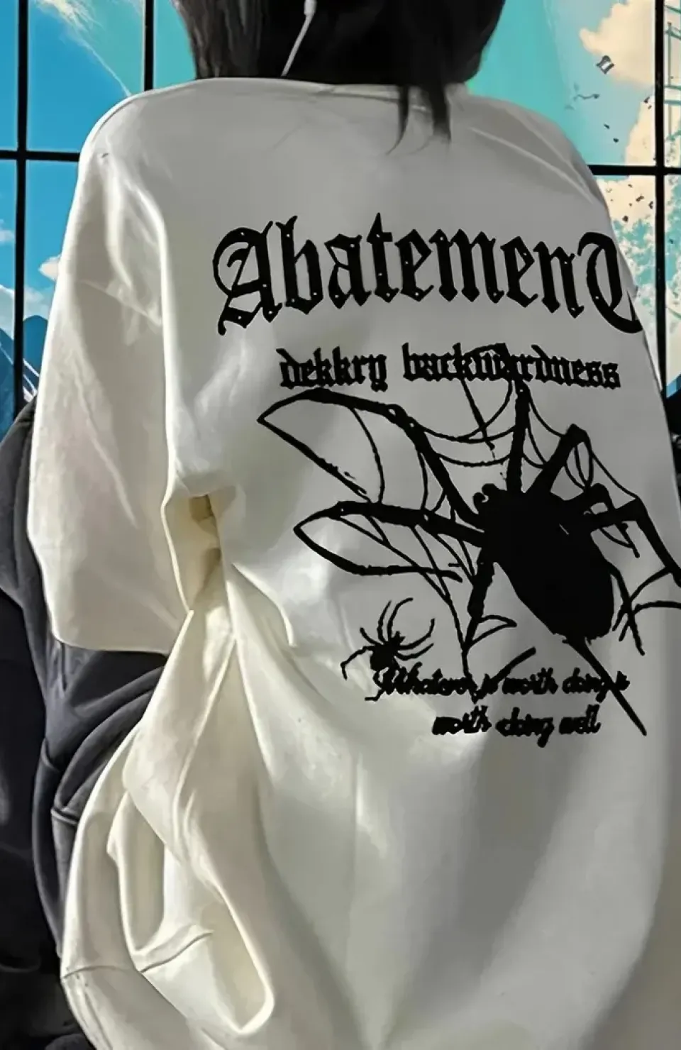 Örümcek Ağı Desenli Baskılı Oversize Bisiklet Yaka T-shirt  - Beyaz