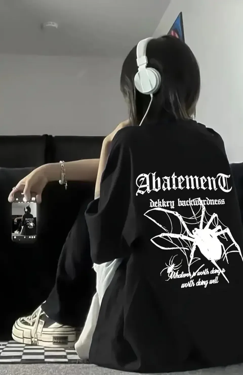 Örümcek Ağı Desenli Baskılı Oversize Bisiklet Yaka T-shirt - Siyah