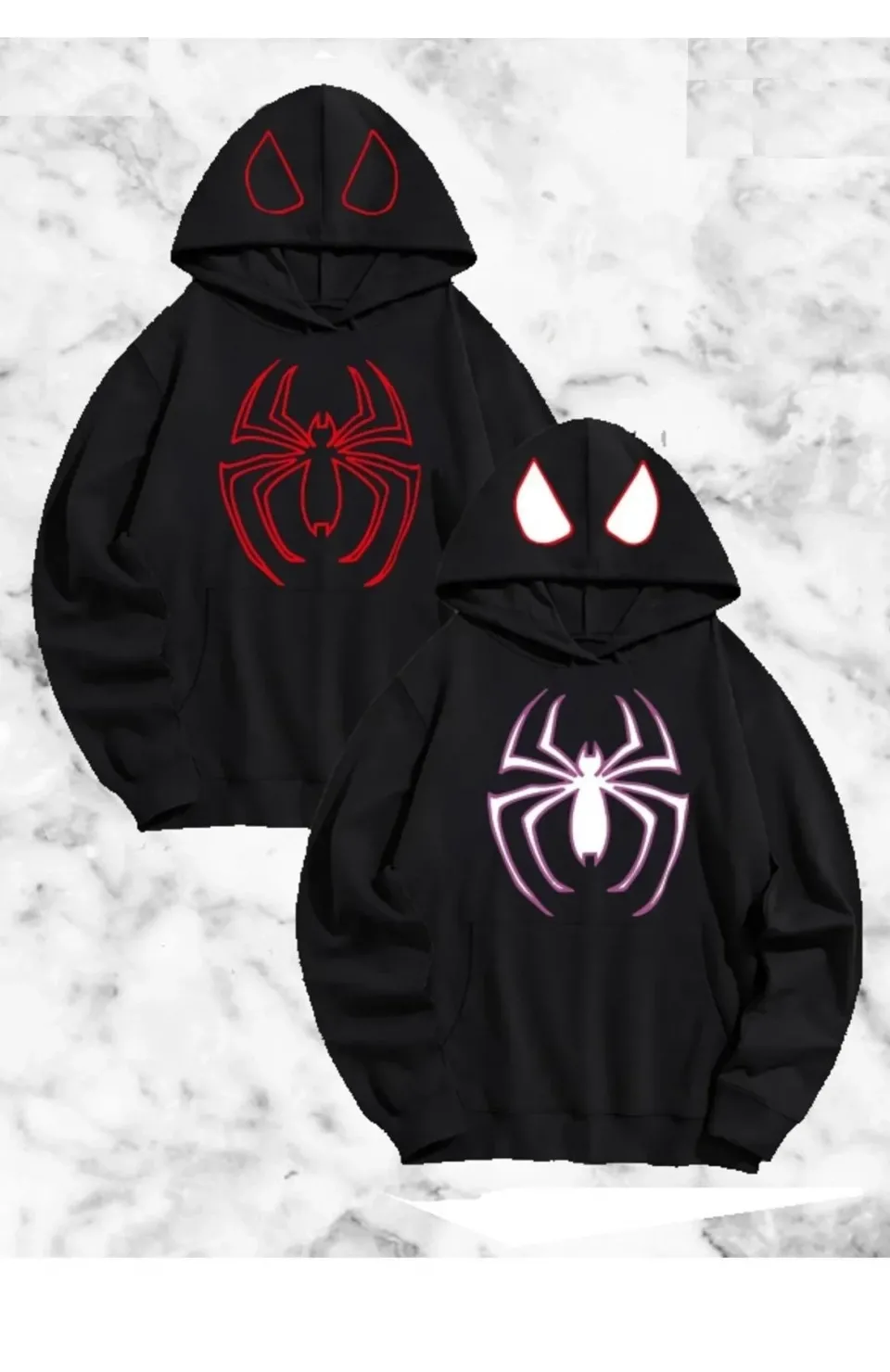 Örümcek Baskılı Sevgili Çift Kombini Kapüşonlu Sweatshirt & Hodie - Siyah