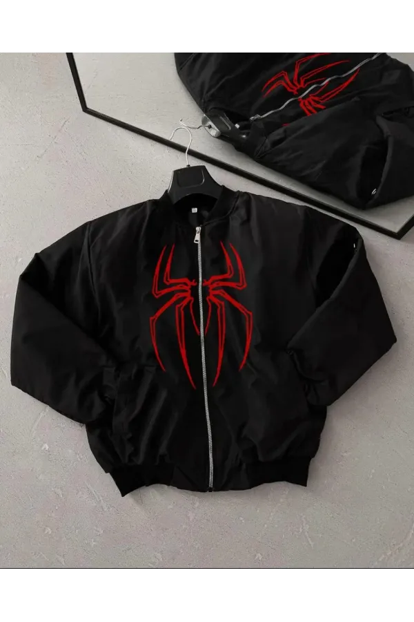 Örümcek Desenli Siyah Bomber Mont – Unisex Kullanıma Uygun, Fermuarlı Cepli, Kapitone Astarlı, Bahar Kış Günlük Giyim İçin Moda Ceket Modeli - Siyah