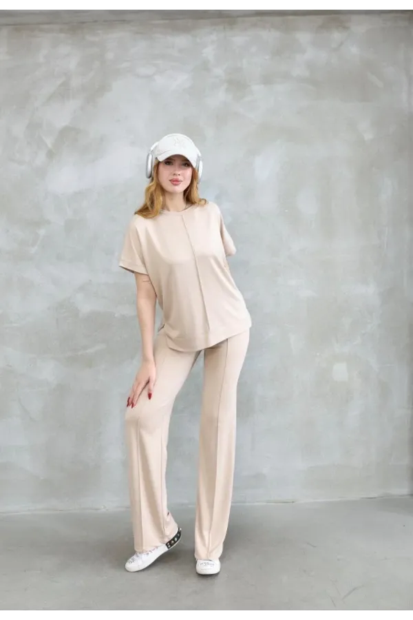 Osy Modal Yumuşak dokulu Kumaş Bisiklet Yaka Kısa Kollu Takım - Bej