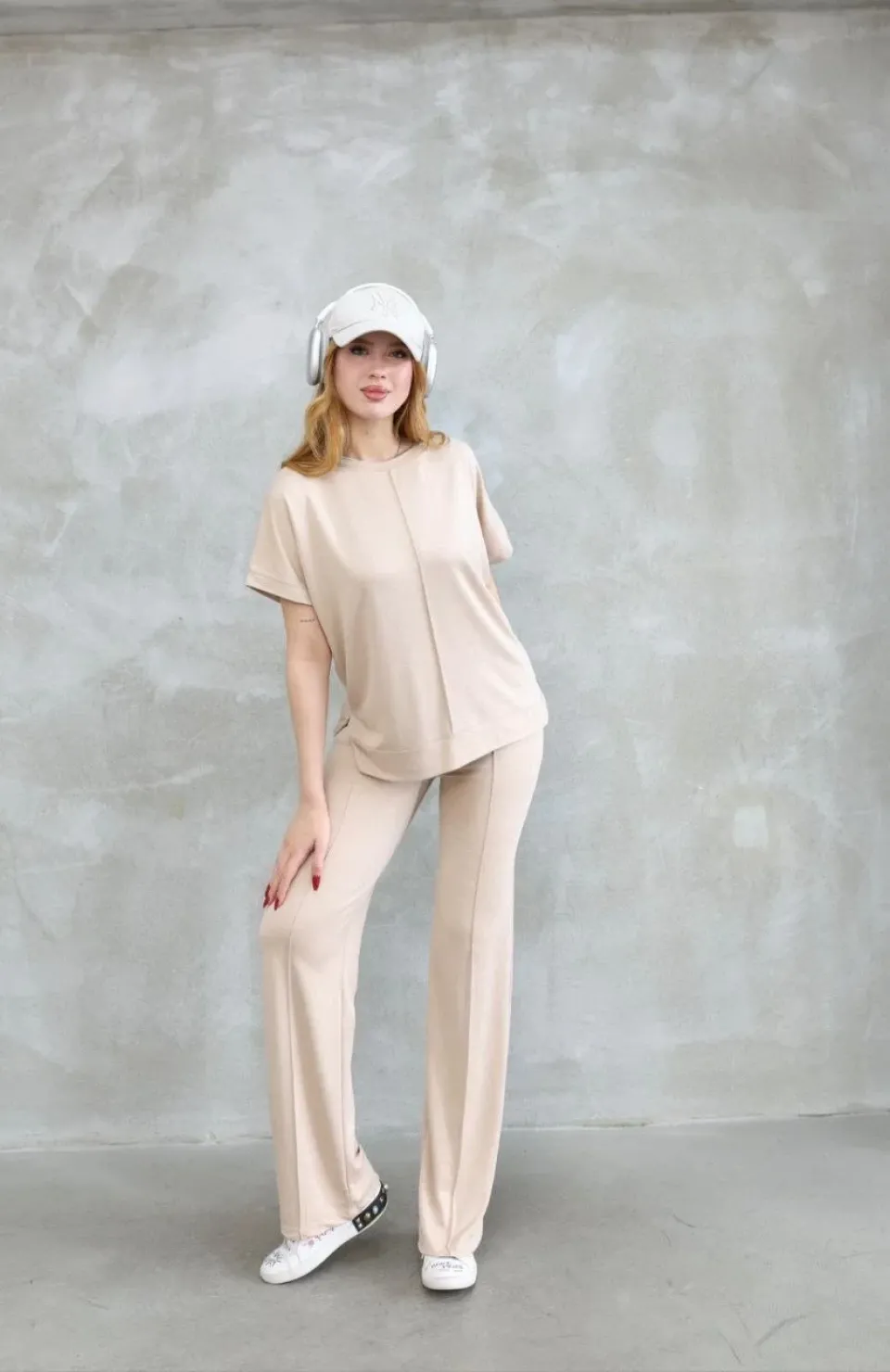 Osy Modal Yumuşak dokulu Kumaş Bisiklet Yaka Kısa Kollu Takım - Bej