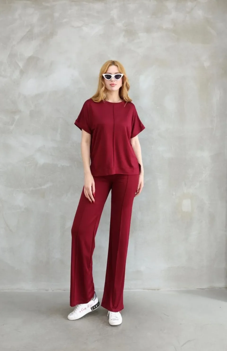 Osy Modal Yumuşak dokulu Kumaş Bisiklet Yaka Kısa Kollu Takım - Bordo