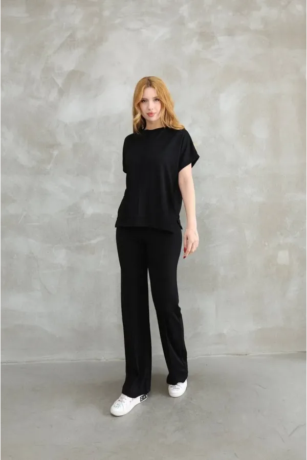 Osy Modal Yumuşak dokulu Kumaş Bisiklet Yaka Kısa Kollu Takım - Siyah