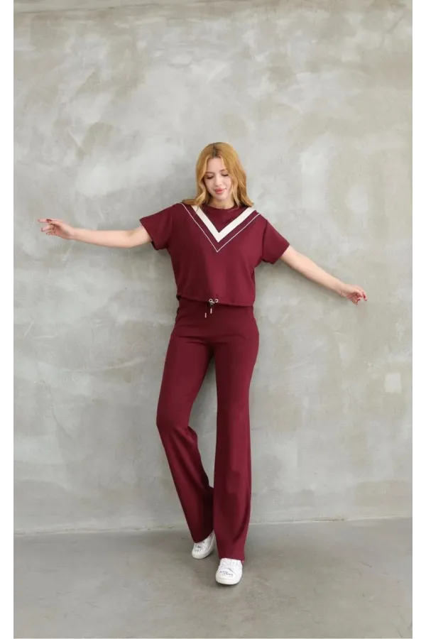 Osy Modal Yumuşak dokulu Kumaş Bisiklet Yaka Parçalı detaylı Kısa Kollu Takım - Bordo