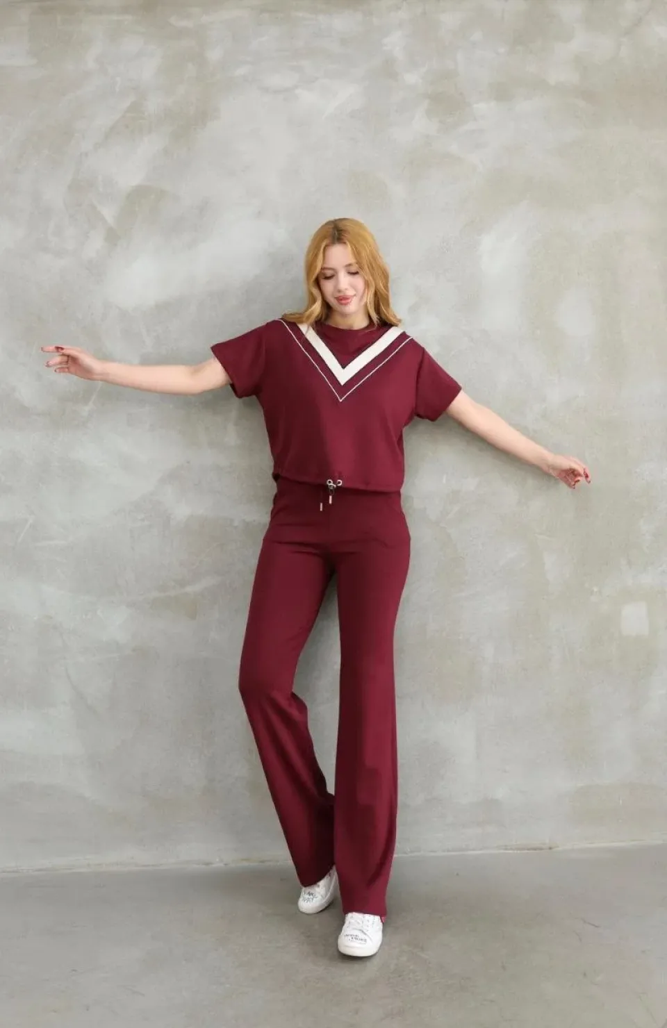 Osy Modal Yumuşak dokulu Kumaş Bisiklet Yaka Parçalı detaylı Kısa Kollu Takım - Bordo