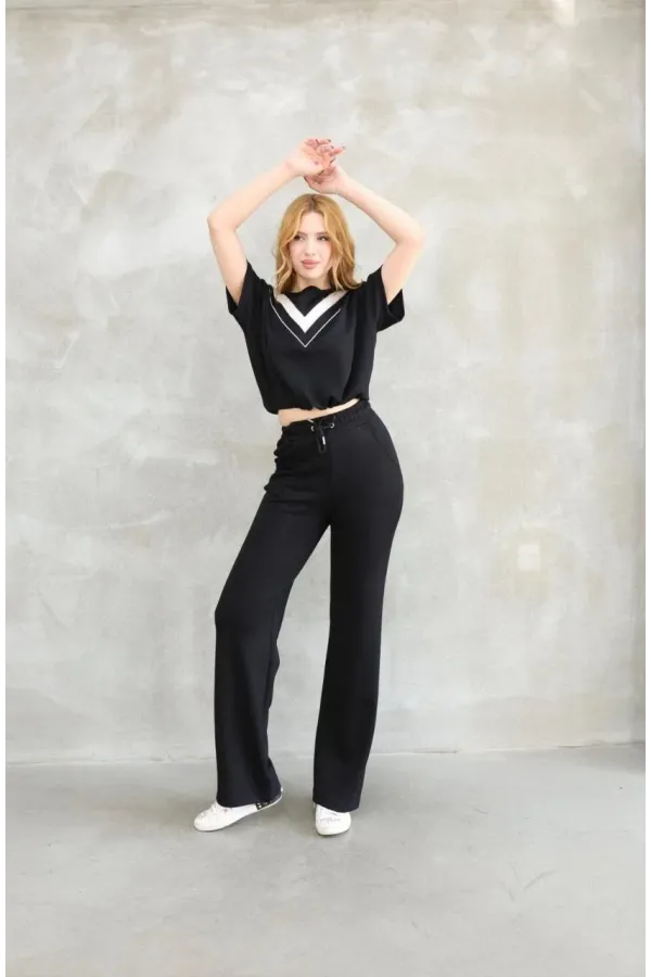 Osy Modal Yumuşak dokulu Kumaş Bisiklet Yaka Parçalı detaylı Kısa Kollu Takım - Siyah