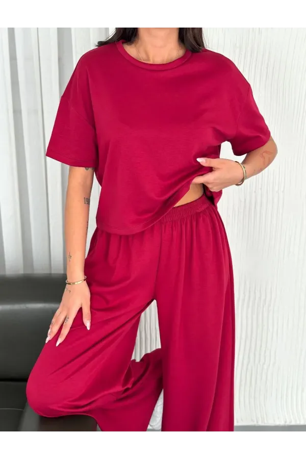 Osy Modal Yumuşak Dokulu Kumaş Bisiklet Yaka T-shirt Bol paça Pantalon ikili Takım -Bordo
